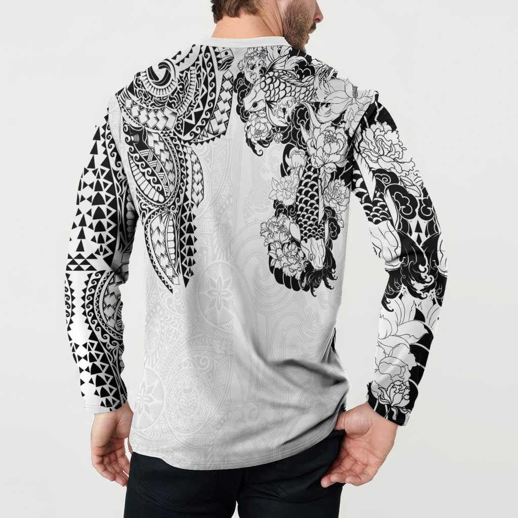 Japanese Irezumi and Hawaiian Polynesian Art Tattoo Button Sweatshirt White Color - Polynesian Pride