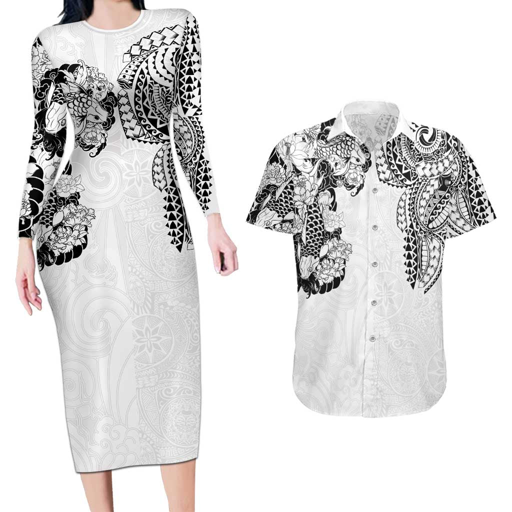 Japanese Irezumi and Hawaiian Polynesian Art Tattoo Couples Matching Long Sleeve Bodycon Dress and Hawaiian Shirt White Color - Polynesian Pride