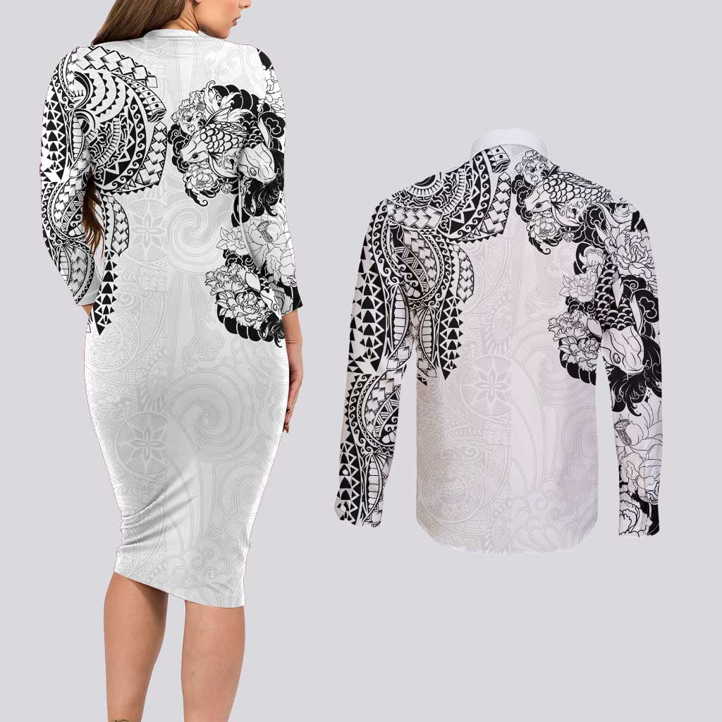 Japanese Irezumi and Hawaiian Polynesian Art Tattoo Couples Matching Long Sleeve Bodycon Dress and Long Sleeve Button Shirt White Color - Polynesian Pride