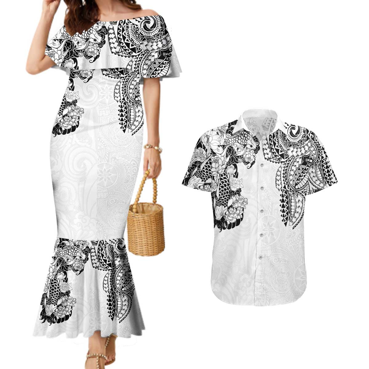 Japanese Irezumi and Hawaiian Polynesian Art Tattoo Couples Matching Mermaid Dress and Hawaiian Shirt White Color - Polynesian Pride