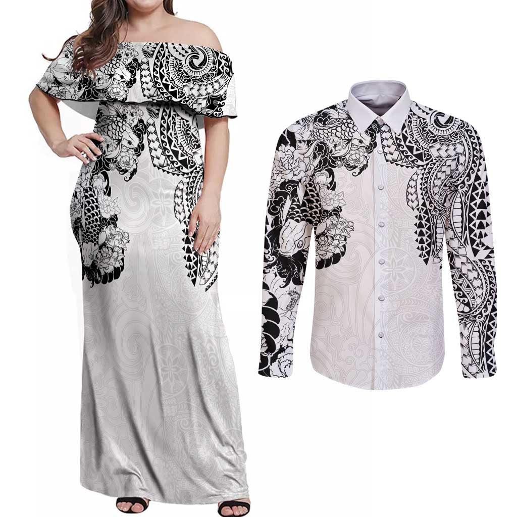 Japanese Irezumi and Hawaiian Polynesian Art Tattoo Couples Matching Off Shoulder Maxi Dress and Long Sleeve Button Shirt White Color - Polynesian Pride