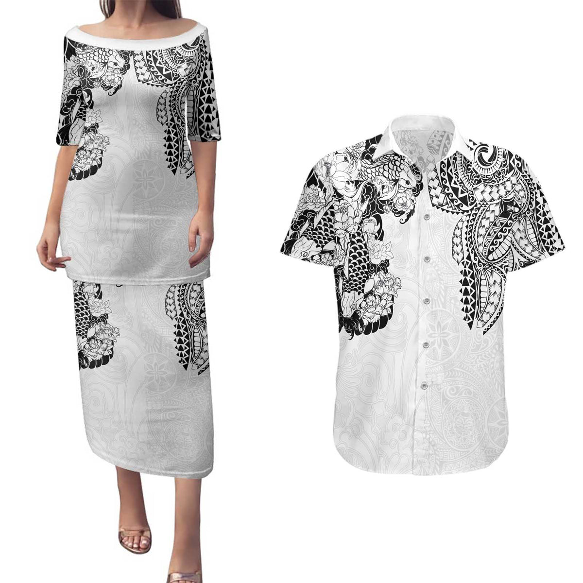 Japanese Irezumi and Hawaiian Polynesian Art Tattoo Couples Matching Puletasi and Hawaiian Shirt White Color - Polynesian Pride