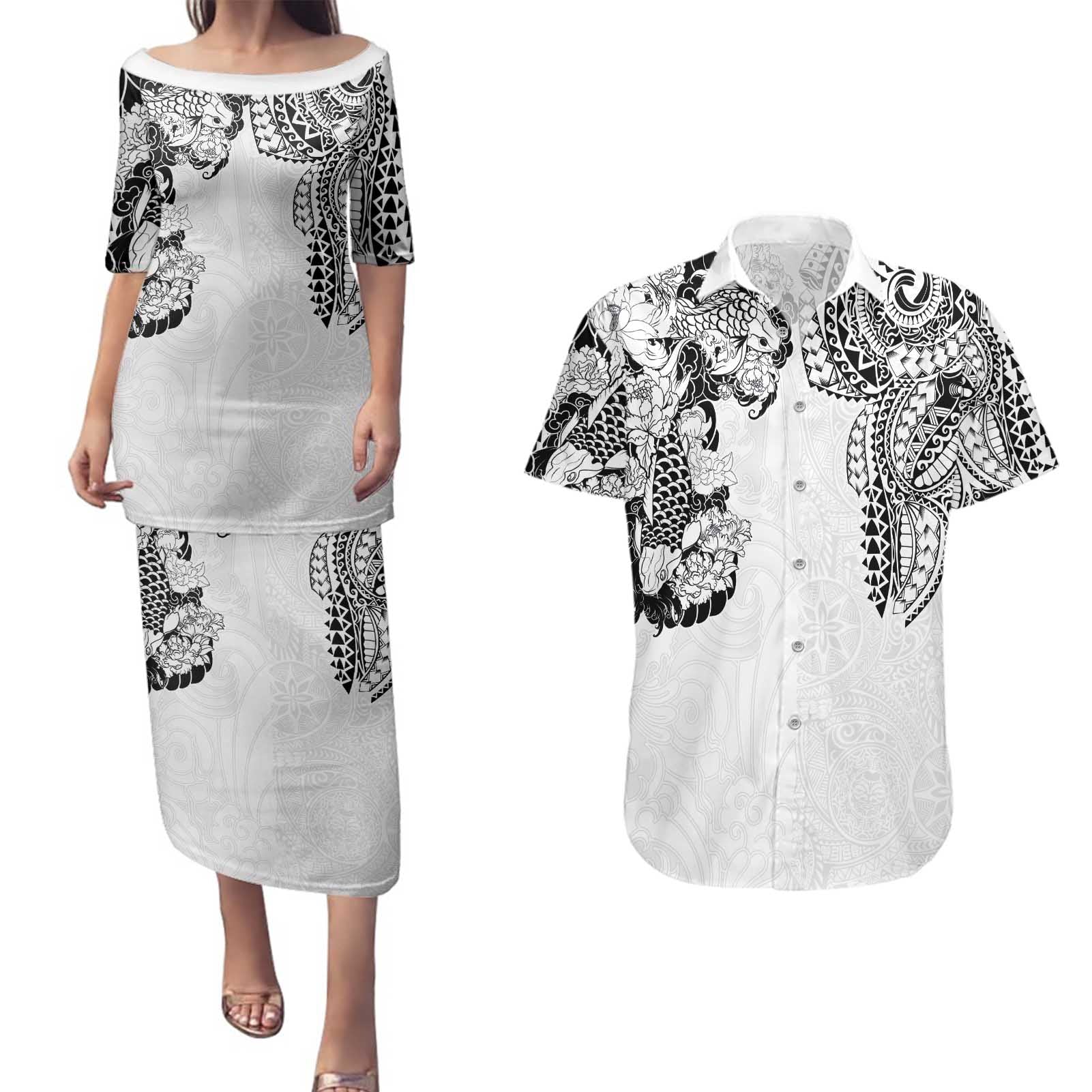 Japanese Irezumi and Hawaiian Polynesian Art Tattoo Couples Matching Puletasi and Hawaiian Shirt White Color - Polynesian Pride