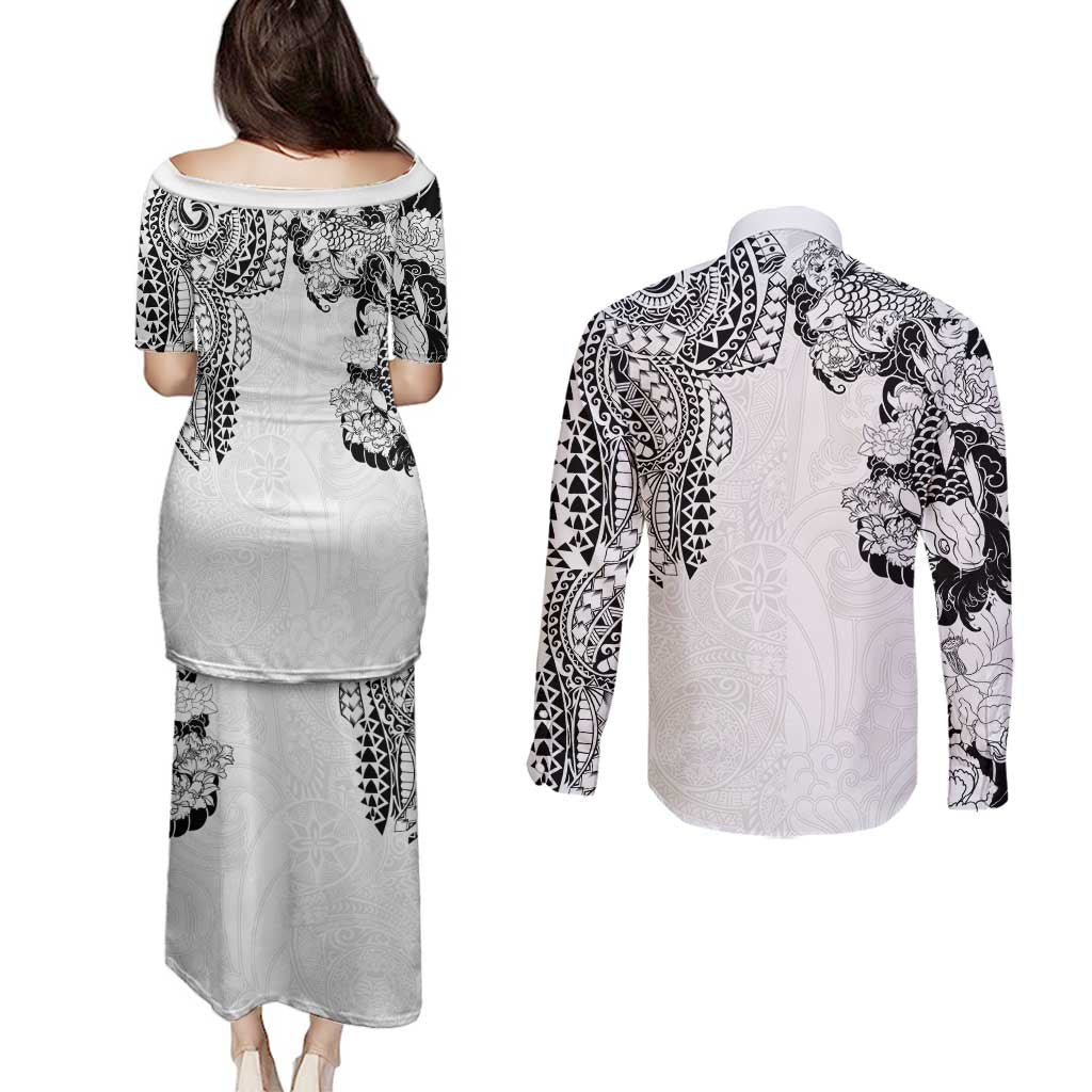 Japanese Irezumi and Hawaiian Polynesian Art Tattoo Couples Matching Puletasi and Long Sleeve Button Shirt White Color - Polynesian Pride