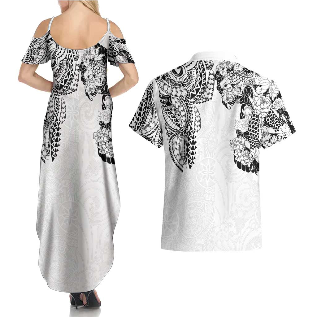 Japanese Irezumi and Hawaiian Polynesian Art Tattoo Couples Matching Summer Maxi Dress and Hawaiian Shirt White Color - Polynesian Pride