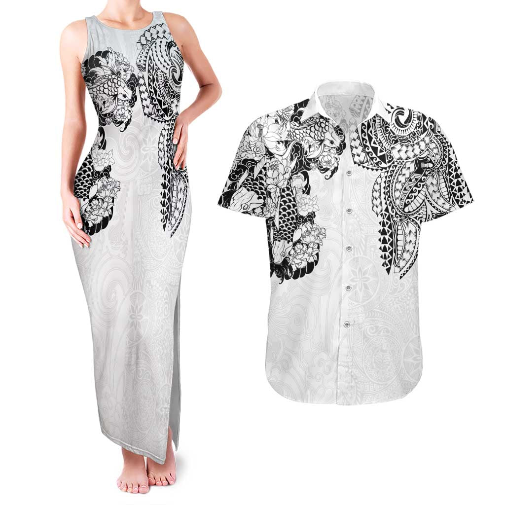 Japanese Irezumi and Hawaiian Polynesian Art Tattoo Couples Matching Tank Maxi Dress and Hawaiian Shirt White Color - Polynesian Pride