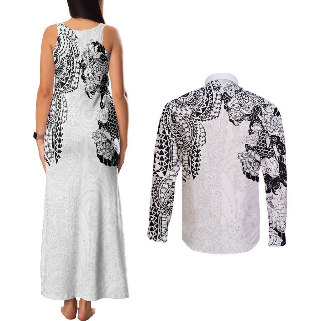 Japanese Irezumi and Hawaiian Polynesian Art Tattoo Couples Matching Tank Maxi Dress and Long Sleeve Button Shirt White Color - Polynesian Pride