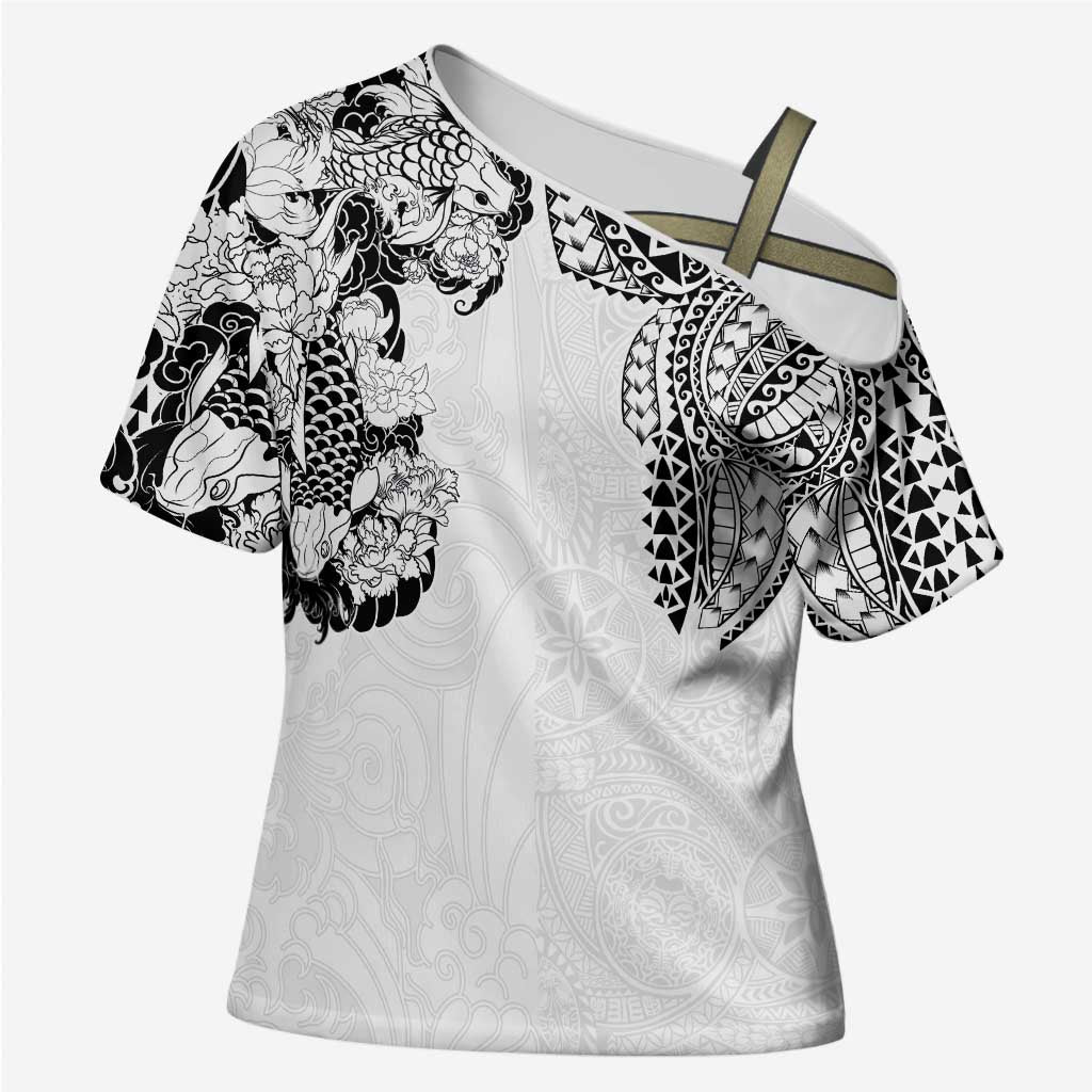 Japanese Irezumi and Hawaiian Polynesian Art Tattoo Cross Shoulder Shirt White Color - Polynesian Pride