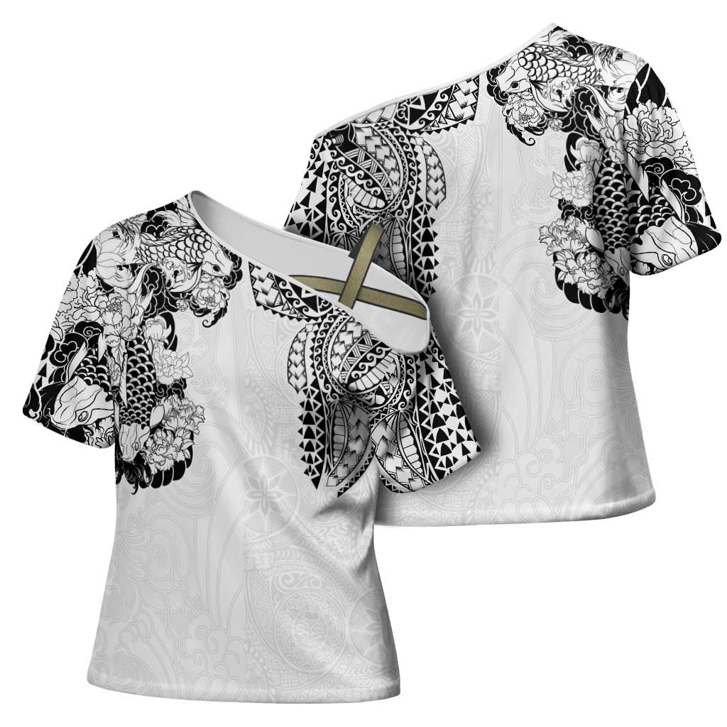 Japanese Irezumi and Hawaiian Polynesian Art Tattoo Cross Shoulder Shirt White Color - Polynesian Pride