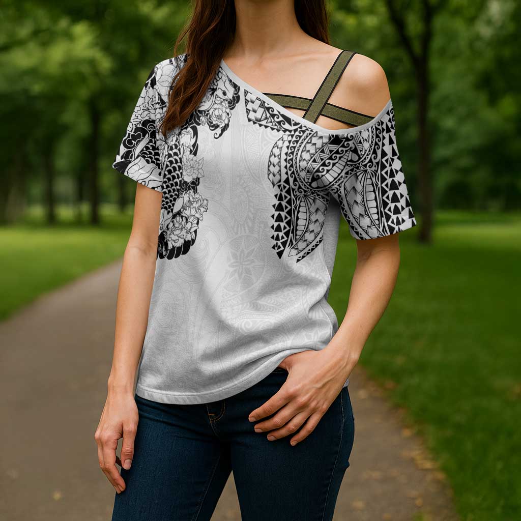 Japanese Irezumi and Hawaiian Polynesian Art Tattoo Cross Shoulder Shirt White Color - Polynesian Pride