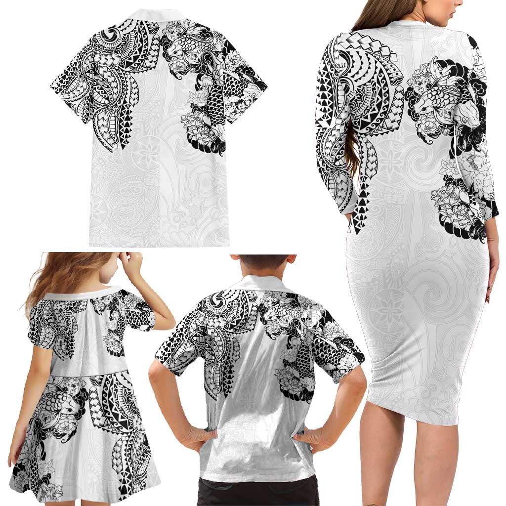 Japanese Irezumi and Hawaiian Polynesian Art Tattoo Family Matching Long Sleeve Bodycon Dress and Hawaiian Shirt White Color - Polynesian Pride