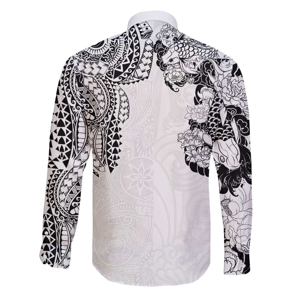 Japanese Irezumi and Hawaiian Polynesian Art Tattoo Family Matching Long Sleeve Bodycon Dress and Hawaiian Shirt White Color - Polynesian Pride