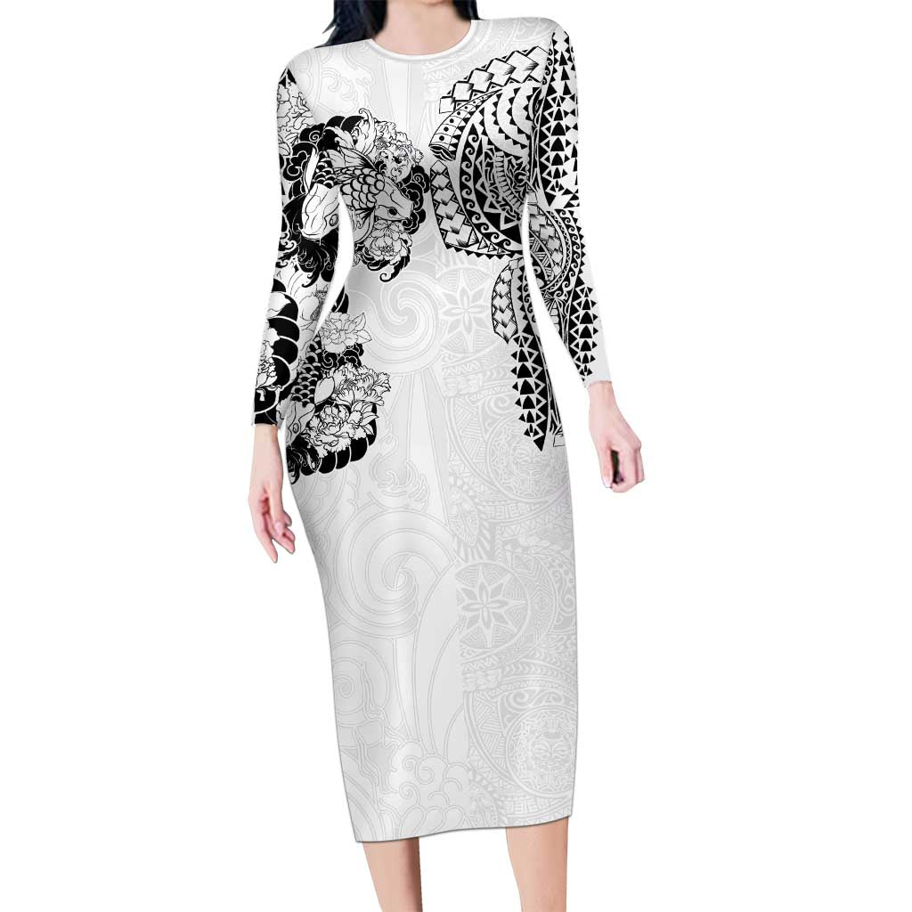 Japanese Irezumi and Hawaiian Polynesian Art Tattoo Family Matching Long Sleeve Bodycon Dress and Hawaiian Shirt White Color - Polynesian Pride