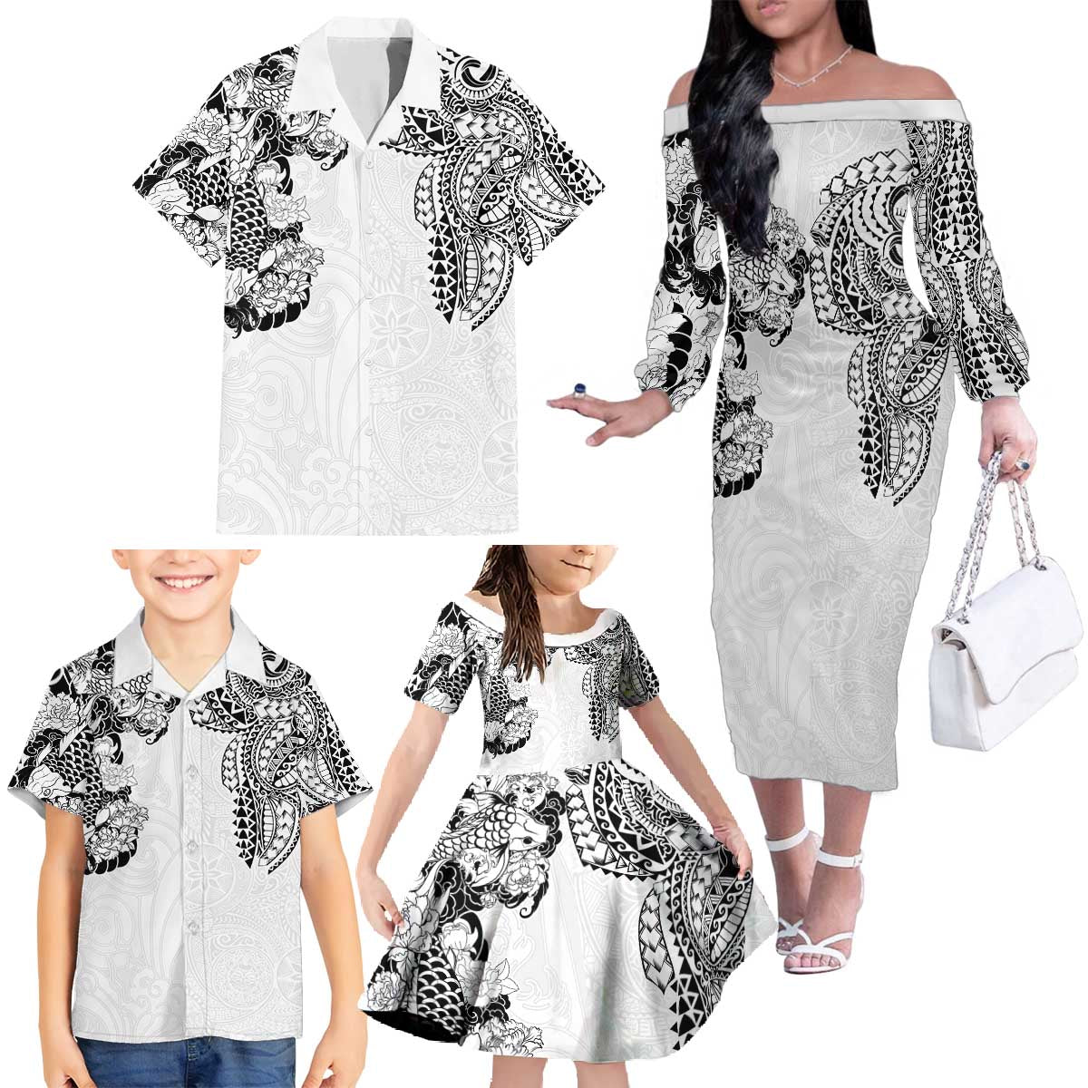 Japanese Irezumi and Hawaiian Polynesian Art Tattoo Family Matching Off The Shoulder Long Sleeve Dress and Hawaiian Shirt White Color - Polynesian Pride