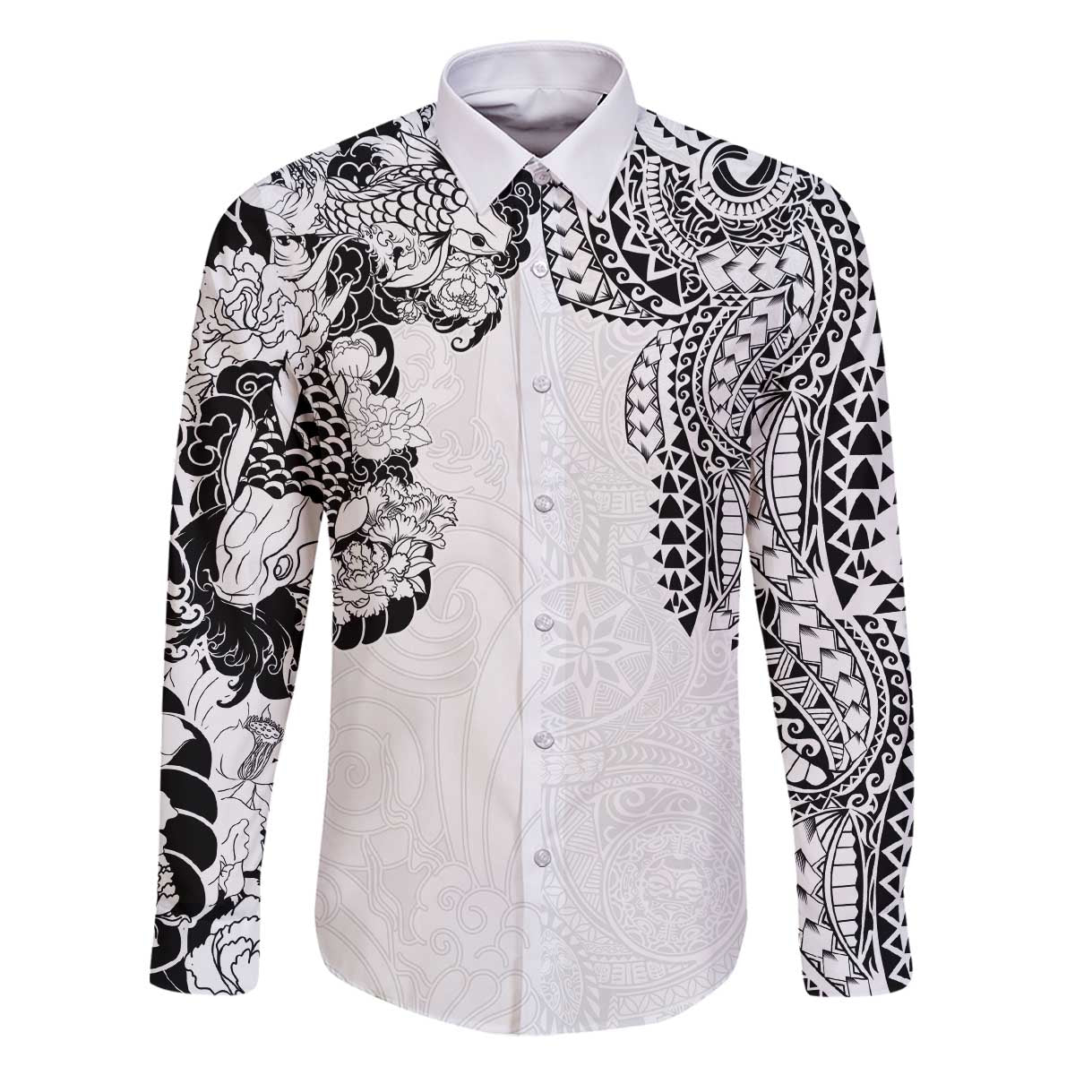Japanese Irezumi and Hawaiian Polynesian Art Tattoo Family Matching Off The Shoulder Long Sleeve Dress and Hawaiian Shirt White Color - Polynesian Pride