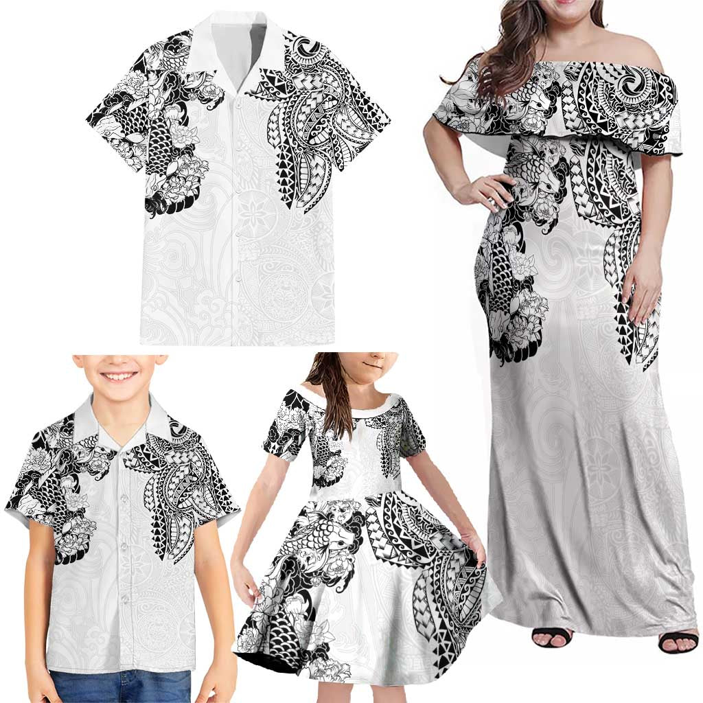 Japanese Irezumi and Hawaiian Polynesian Art Tattoo Family Matching Off Shoulder Maxi Dress and Hawaiian Shirt White Color - Polynesian Pride