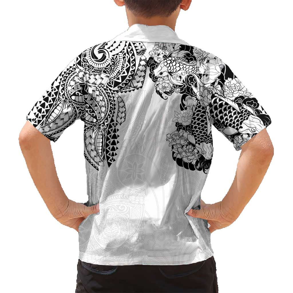 Japanese Irezumi and Hawaiian Polynesian Art Tattoo Family Matching Off Shoulder Short Dress and Hawaiian Shirt White Color - Polynesian Pride
