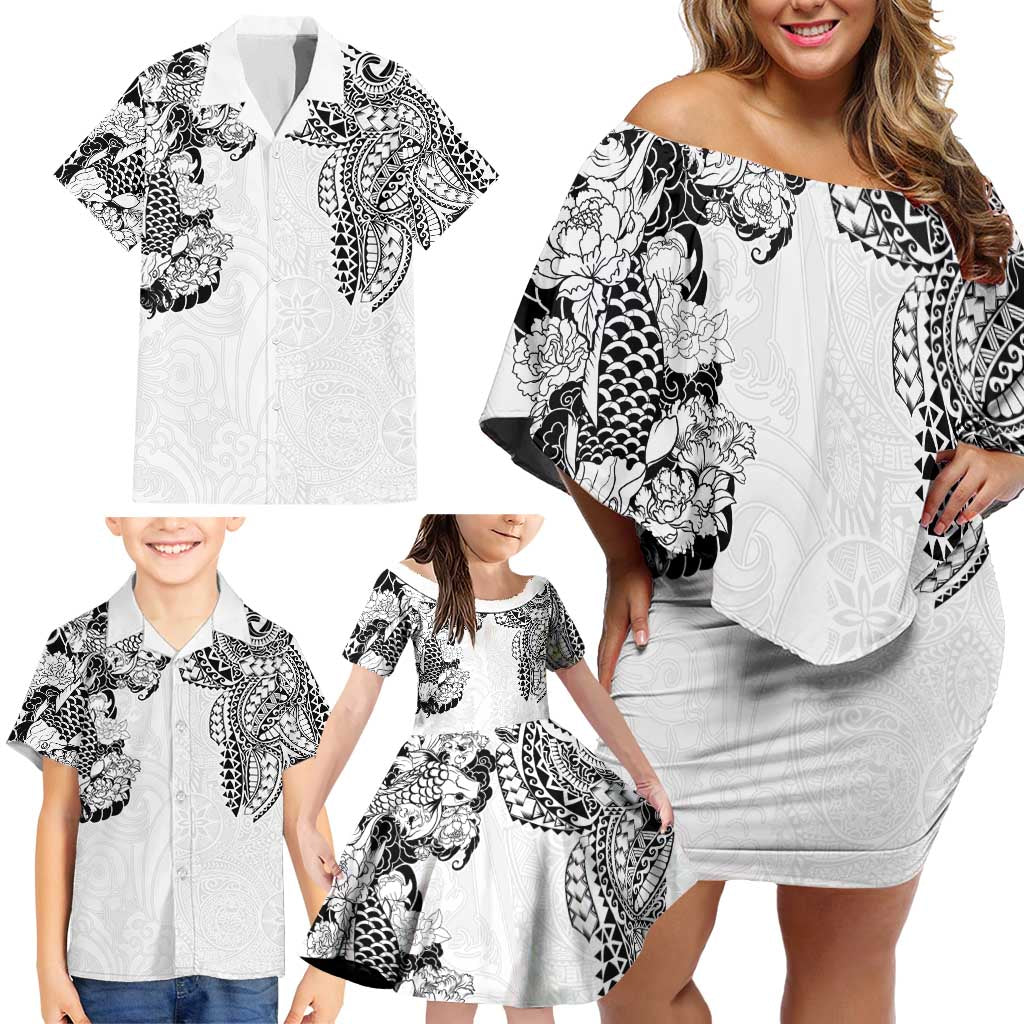 Japanese Irezumi and Hawaiian Polynesian Art Tattoo Family Matching Off Shoulder Short Dress and Hawaiian Shirt White Color - Polynesian Pride