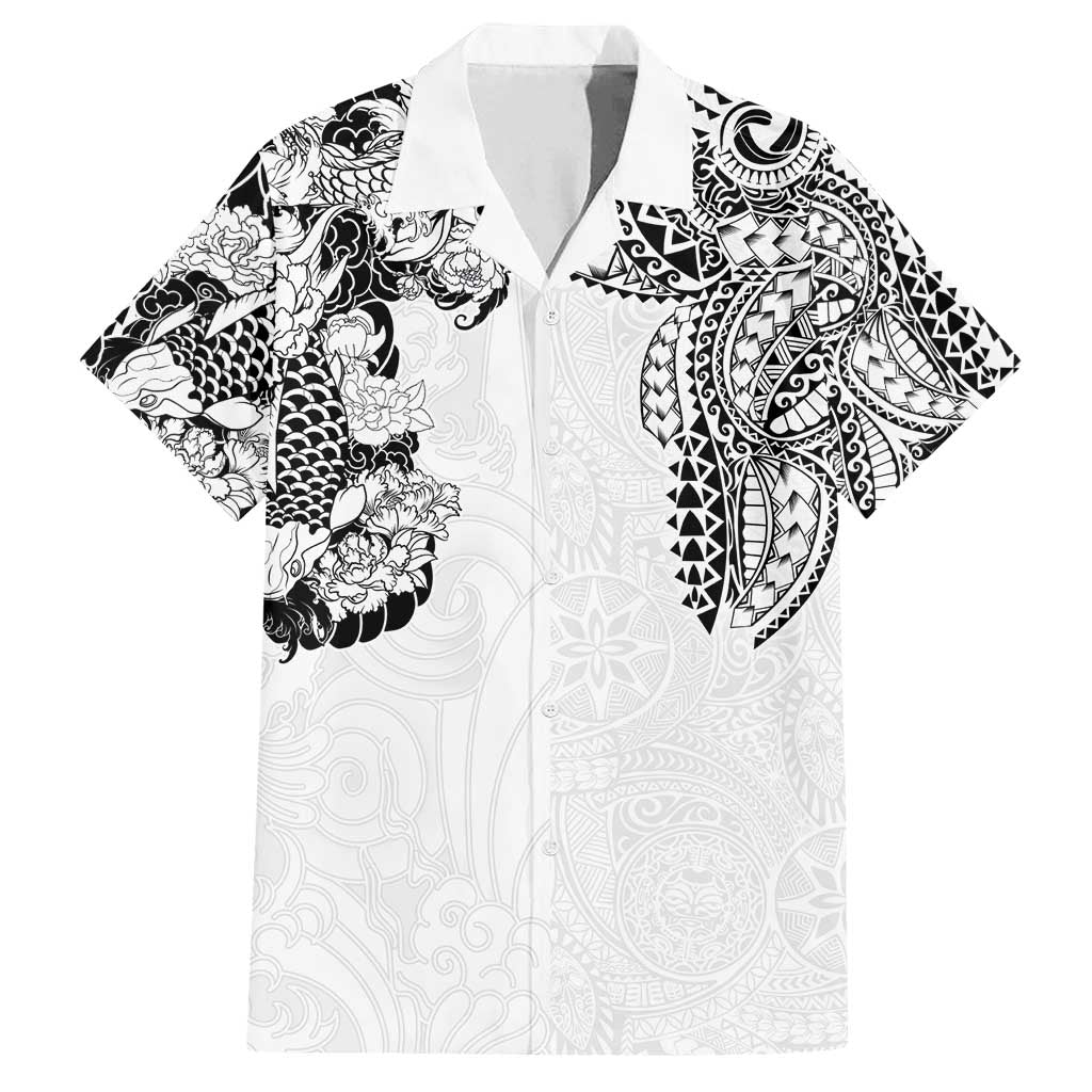 Japanese Irezumi and Hawaiian Polynesian Art Tattoo Family Matching Off Shoulder Short Dress and Hawaiian Shirt White Color - Polynesian Pride
