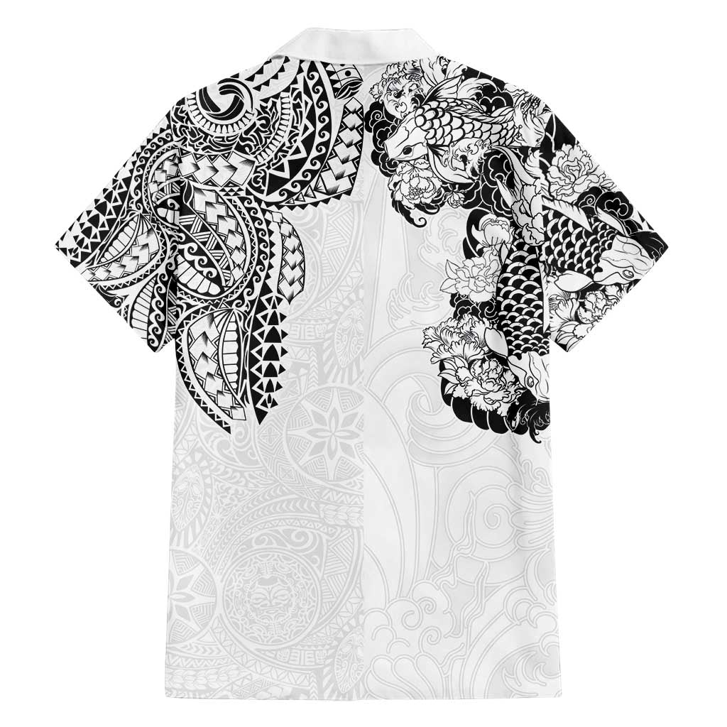 Japanese Irezumi and Hawaiian Polynesian Art Tattoo Family Matching Off Shoulder Short Dress and Hawaiian Shirt White Color - Polynesian Pride