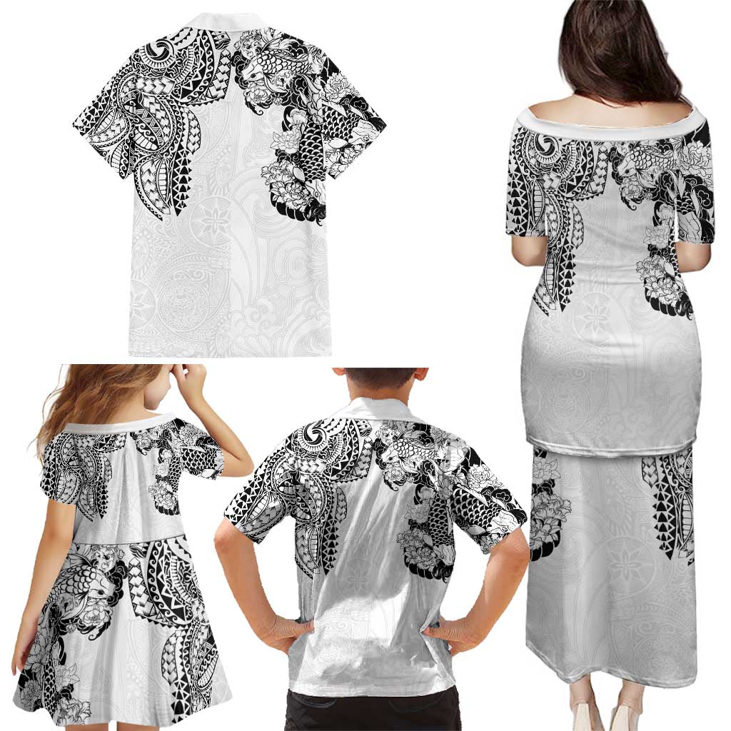 Japanese Irezumi and Hawaiian Polynesian Art Tattoo Family Matching Puletasi and Hawaiian Shirt White Color - Polynesian Pride