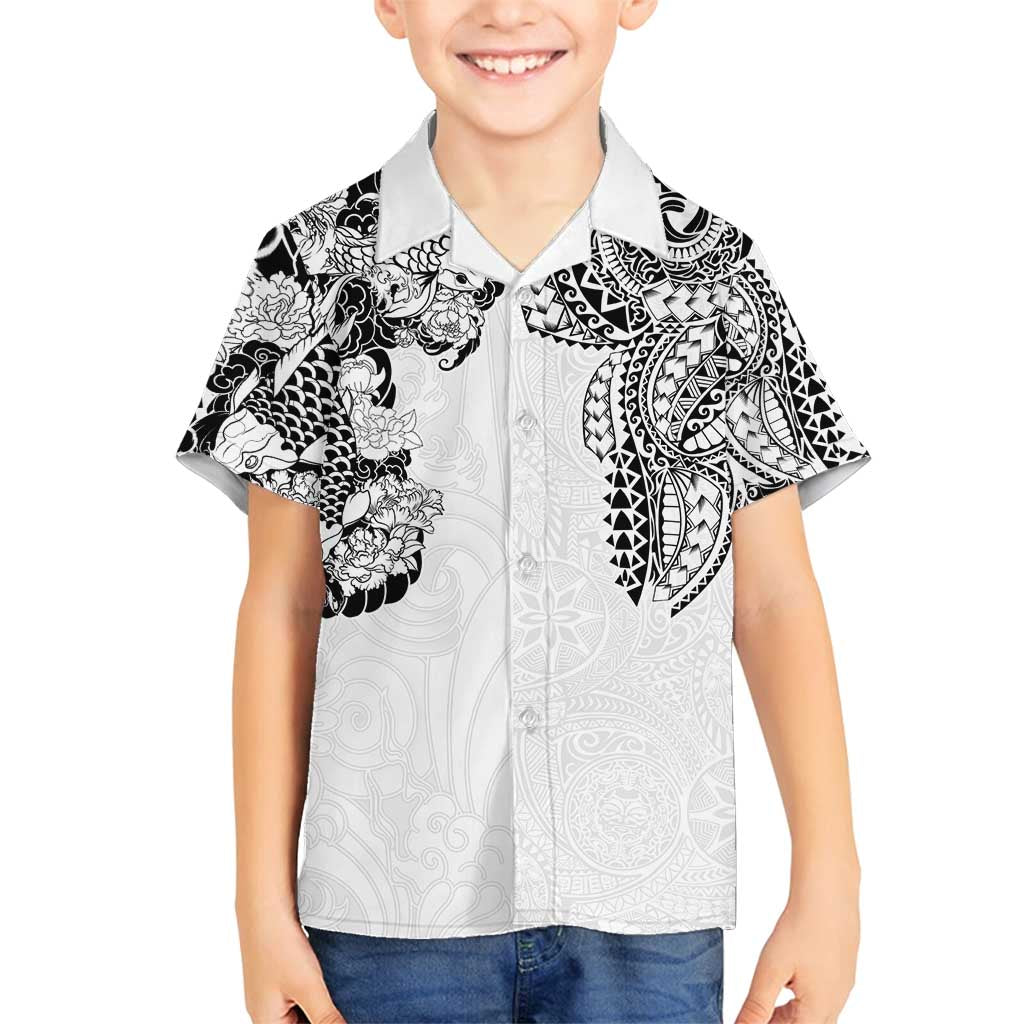 Japanese Irezumi and Hawaiian Polynesian Art Tattoo Family Matching Puletasi and Hawaiian Shirt White Color - Polynesian Pride