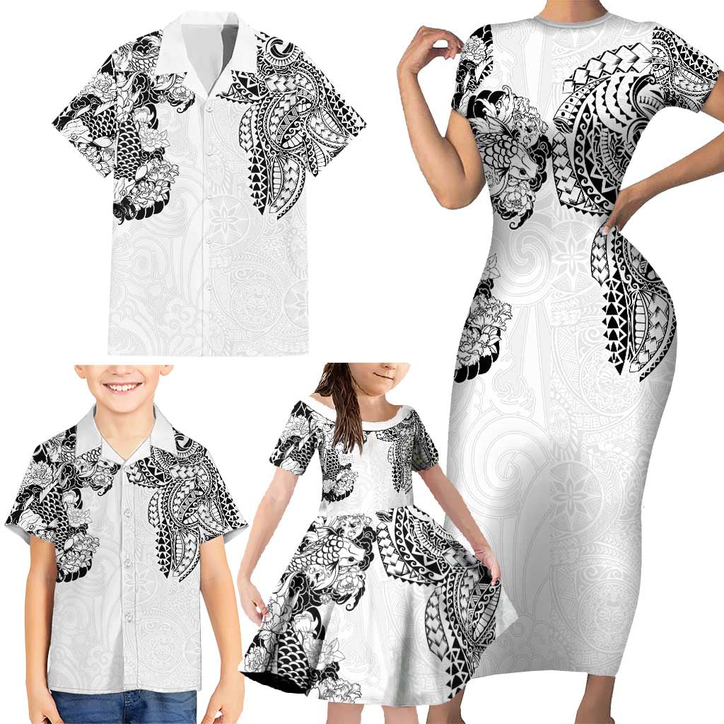 Japanese Irezumi and Hawaiian Polynesian Art Tattoo Family Matching Short Sleeve Bodycon Dress and Hawaiian Shirt White Color - Polynesian Pride