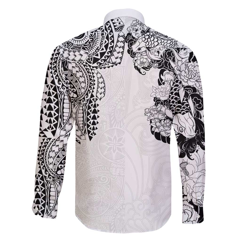 Japanese Irezumi and Hawaiian Polynesian Art Tattoo Family Matching Short Sleeve Bodycon Dress and Hawaiian Shirt White Color - Polynesian Pride