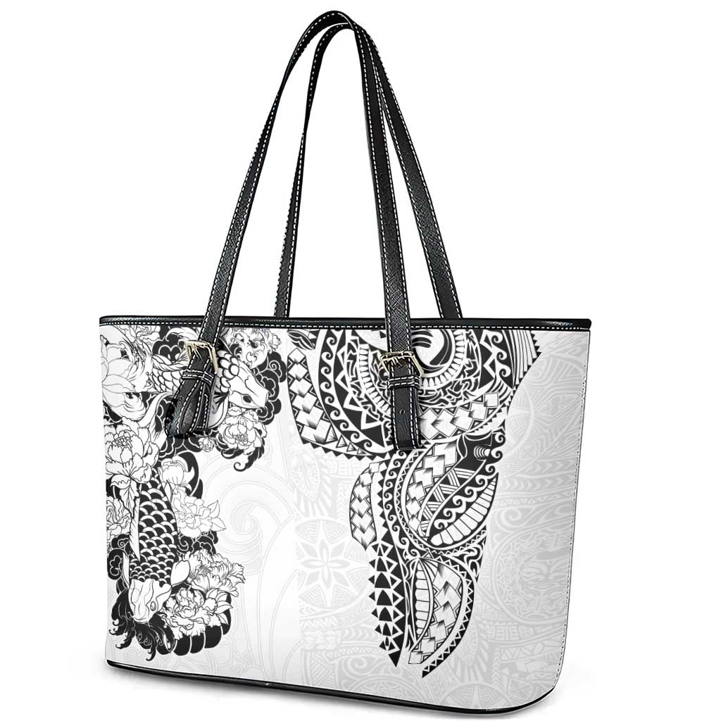 Japanese Irezumi and Hawaiian Polynesian Art Tattoo Leather Tote Bag White Color - Polynesian Pride