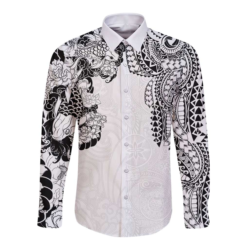 Japanese Irezumi and Hawaiian Polynesian Art Tattoo Long Sleeve Button Shirt White Color - Polynesian Pride