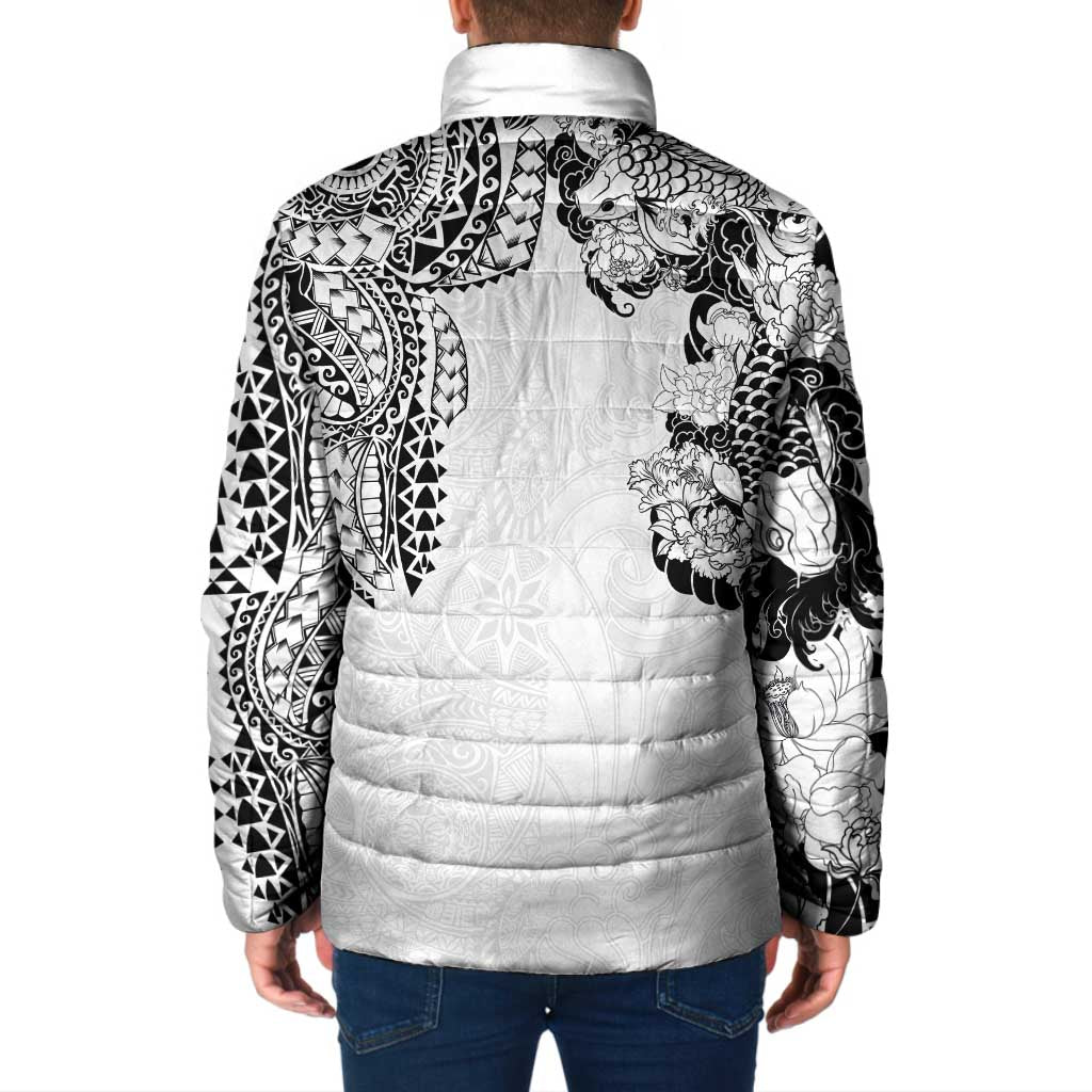 Japanese Irezumi and Hawaiian Polynesian Art Tattoo Padded Jacket White Color - Polynesian Pride