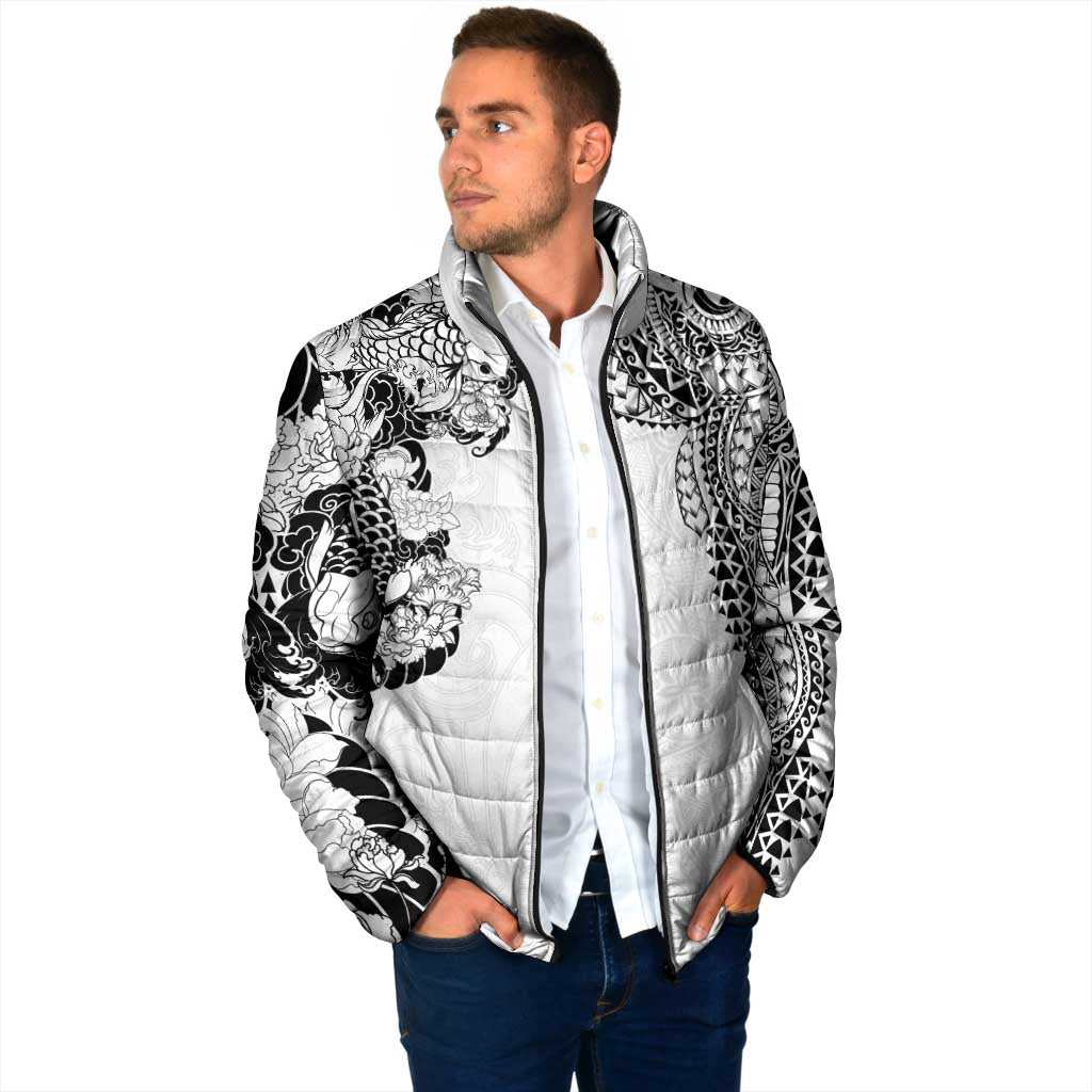 Japanese Irezumi and Hawaiian Polynesian Art Tattoo Padded Jacket White Color - Polynesian Pride