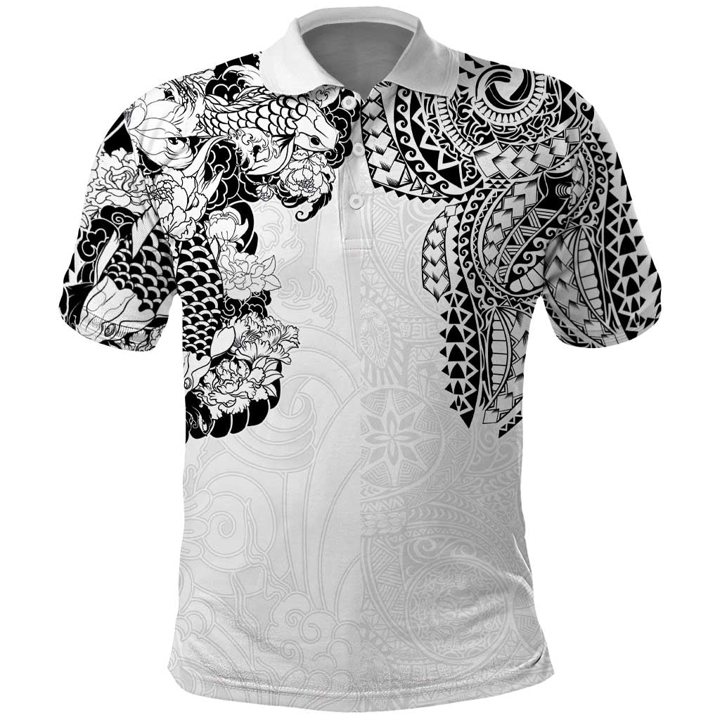Japanese Irezumi and Hawaiian Polynesian Art Tattoo Polo Shirt White Color - Polynesian Pride