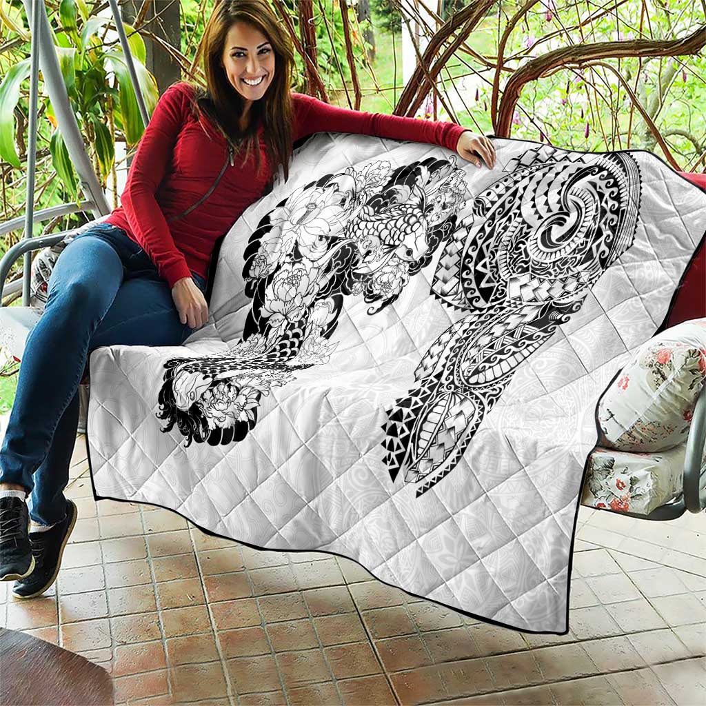 Japanese Irezumi and Hawaiian Polynesian Art Tattoo Quilt White Color - Polynesian Pride