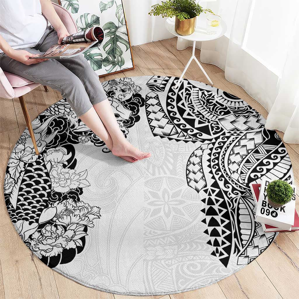 Japanese Irezumi and Hawaiian Polynesian Art Tattoo Round Carpet White Color - Polynesian Pride