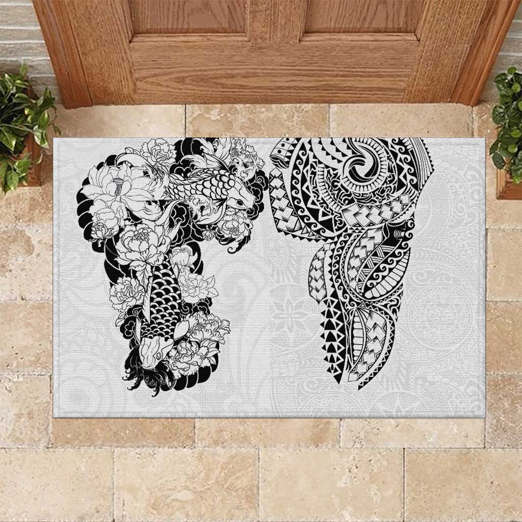 Japanese Irezumi and Hawaiian Polynesian Art Tattoo Rubber Doormat White Color - Polynesian Pride
