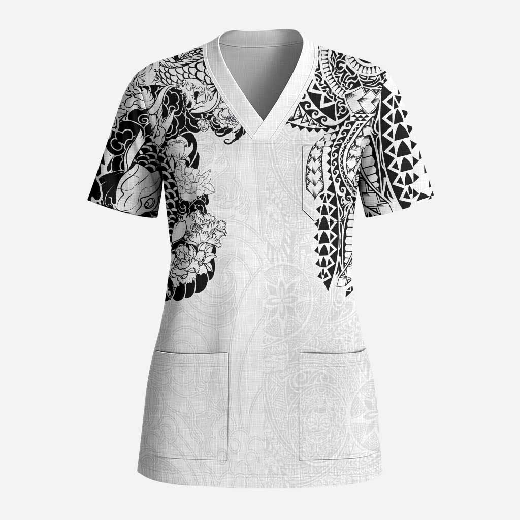 Japanese Irezumi and Hawaiian Polynesian Art Tattoo Scrub Top White Color - Polynesian Pride