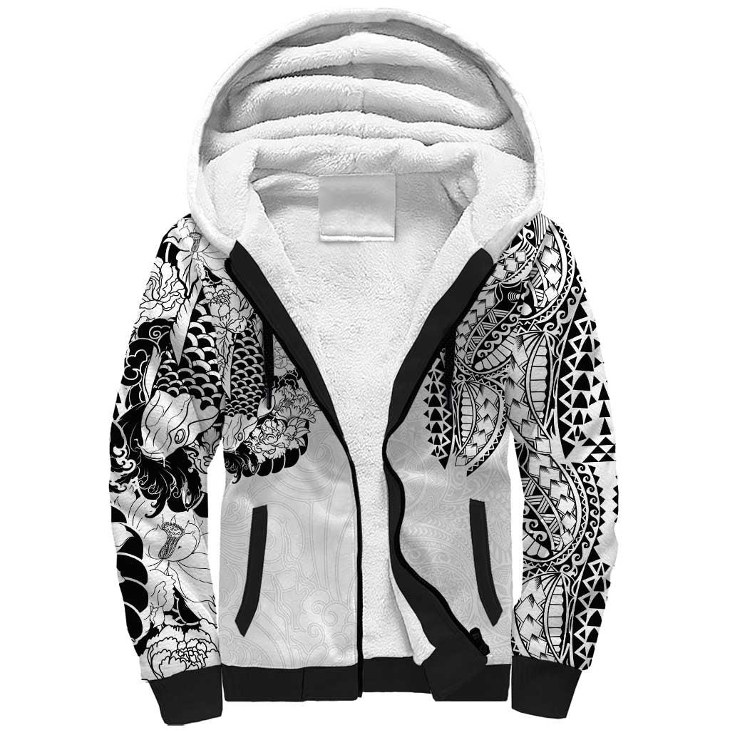 Japanese Irezumi and Hawaiian Polynesian Art Tattoo Sherpa Hoodie White Color - Polynesian Pride