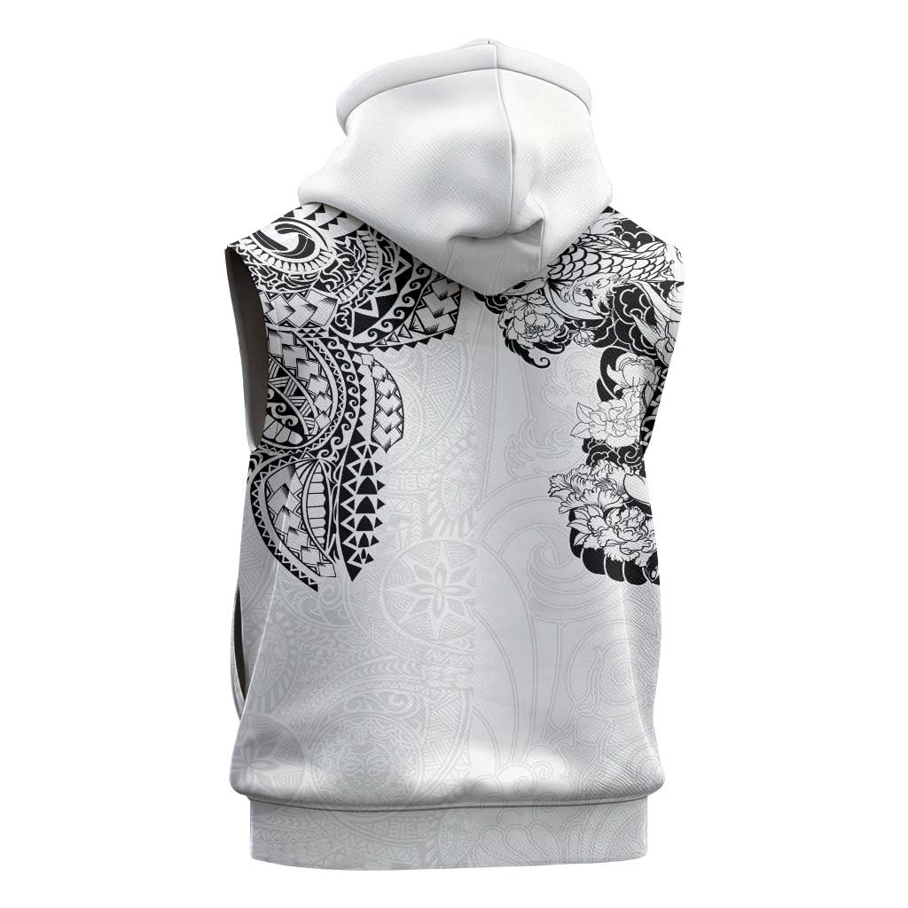 Japanese Irezumi and Hawaiian Polynesian Art Tattoo Sleeveless Zip Hoodie White Color - Polynesian Pride