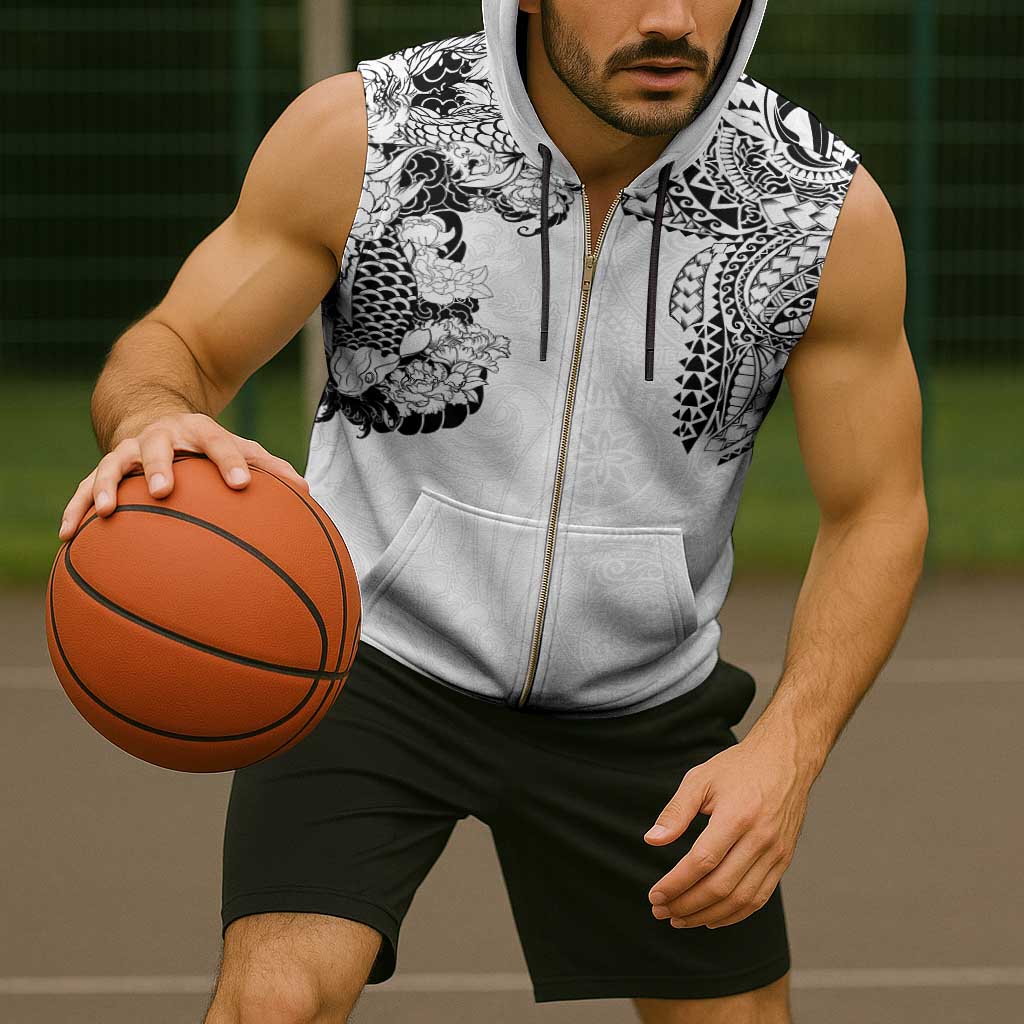 Japanese Irezumi and Hawaiian Polynesian Art Tattoo Sleeveless Zip Hoodie White Color - Polynesian Pride
