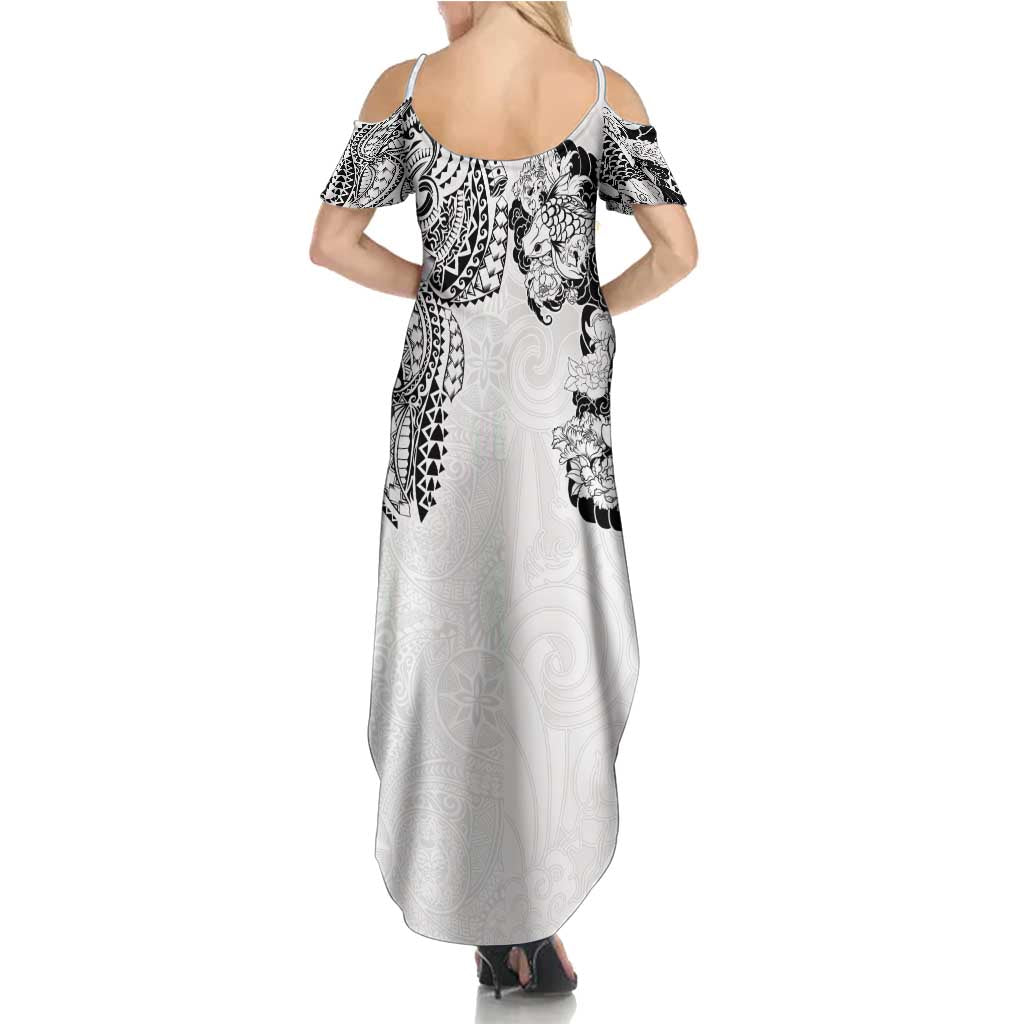 Japanese Irezumi and Hawaiian Polynesian Art Tattoo Summer Maxi Dress White Color - Polynesian Pride
