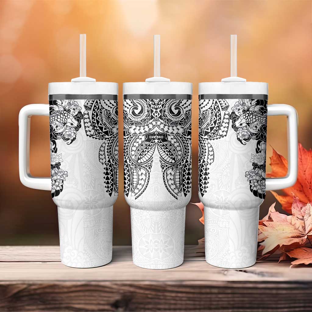 Japanese Irezumi and Hawaiian Polynesian Art Tattoo Tumbler With Handle White Color - Polynesian Pride