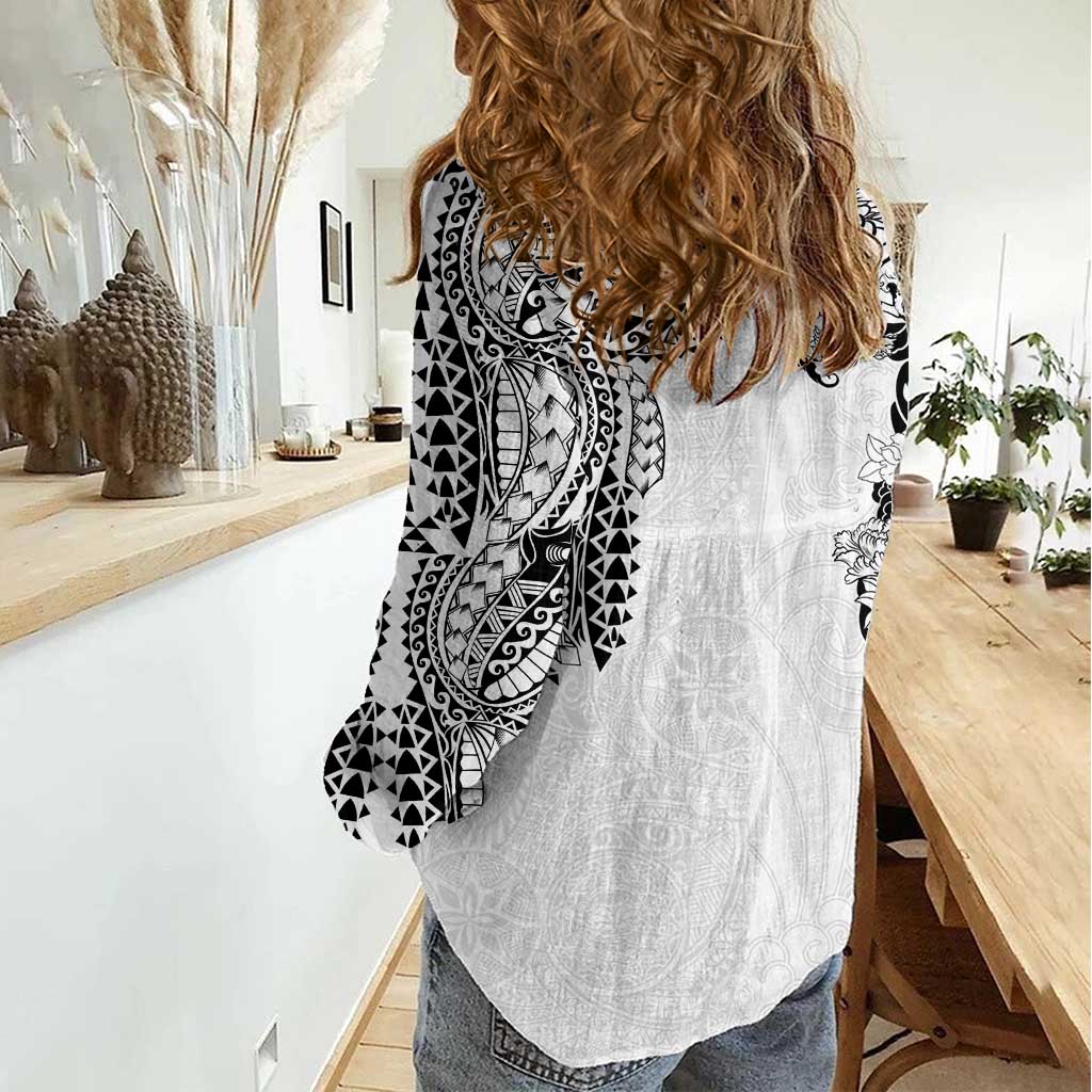 Japanese Irezumi and Hawaiian Polynesian Art Tattoo Women Casual Shirt White Color - Polynesian Pride