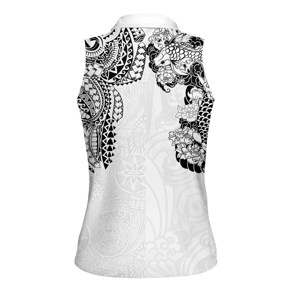 Japanese Irezumi and Hawaiian Polynesian Art Tattoo Women Sleeveless Polo Shirt White Color - Polynesian Pride