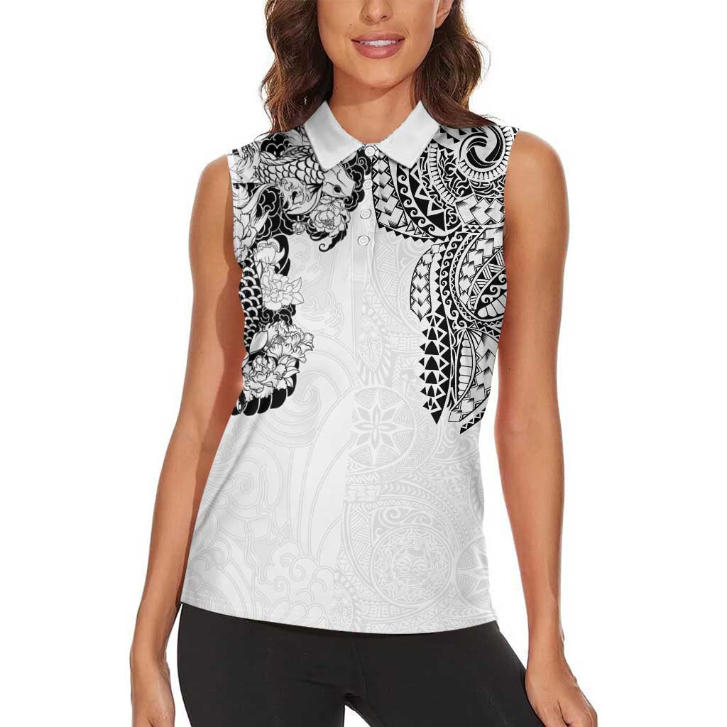 Japanese Irezumi and Hawaiian Polynesian Art Tattoo Women Sleeveless Polo Shirt White Color - Polynesian Pride