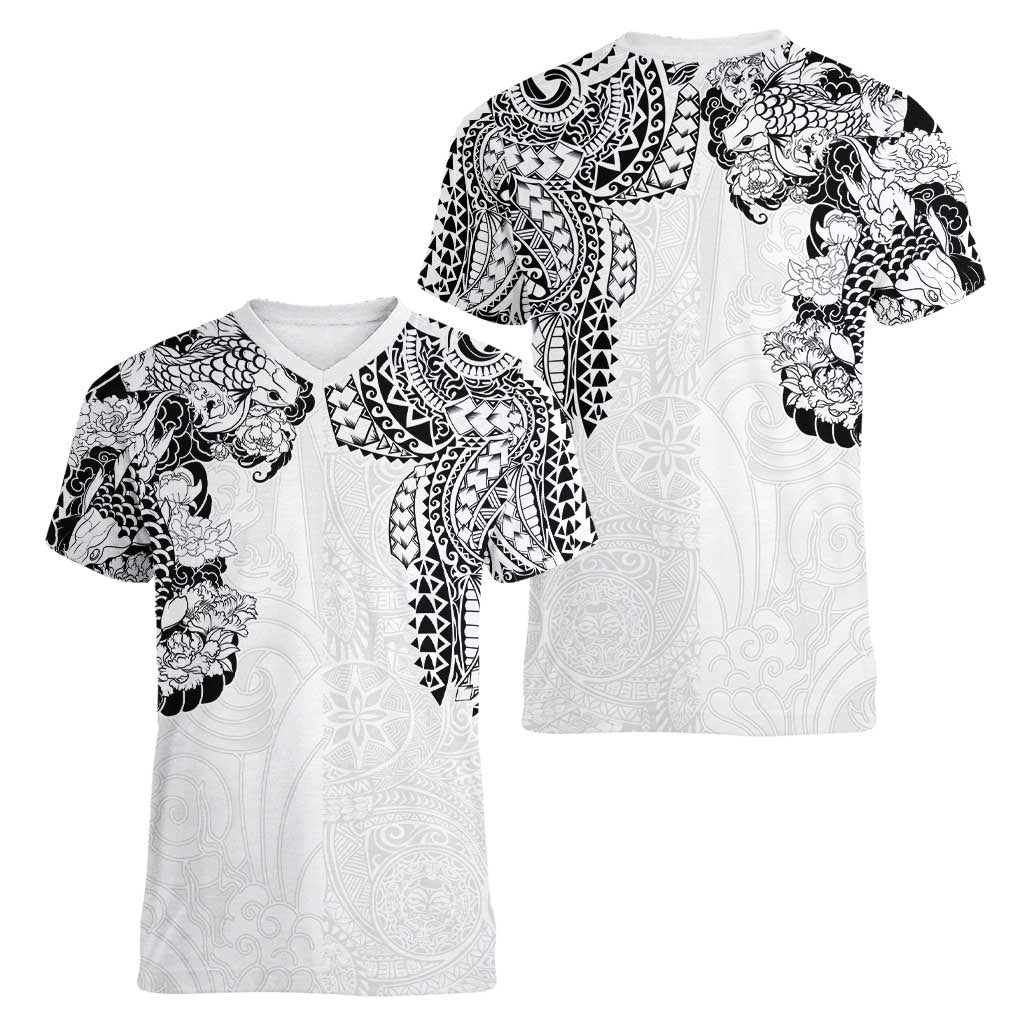 Japanese Irezumi and Hawaiian Polynesian Art Tattoo Women V-Neck T-Shirt White Color - Polynesian Pride