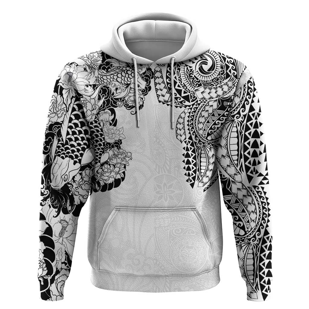 Japanese Irezumi and Hawaiian Polynesian Art Tattoo Zip Hoodie White Color - Polynesian Pride