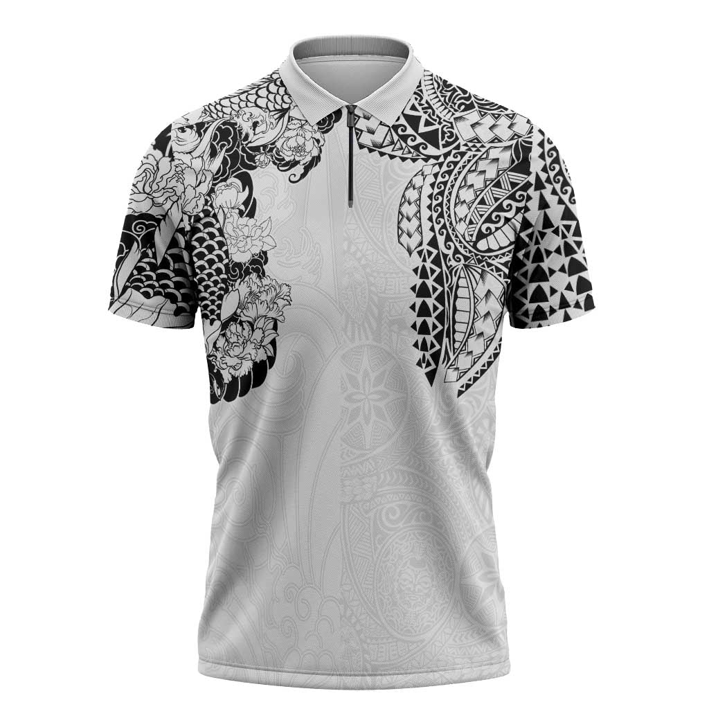 Japanese Irezumi and Hawaiian Polynesian Art Tattoo Zipper Polo Shirt White Color - Polynesian Pride