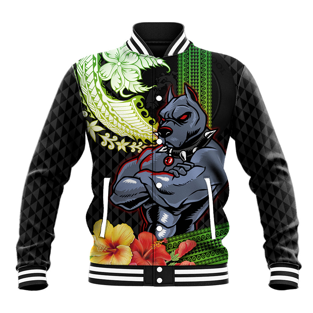 Hawaii Kaimuki High School Baseball Jacket Tribal Kakau Pattern Mix Hibiscus Flower LT03 Unisex Black - Polynesian Pride