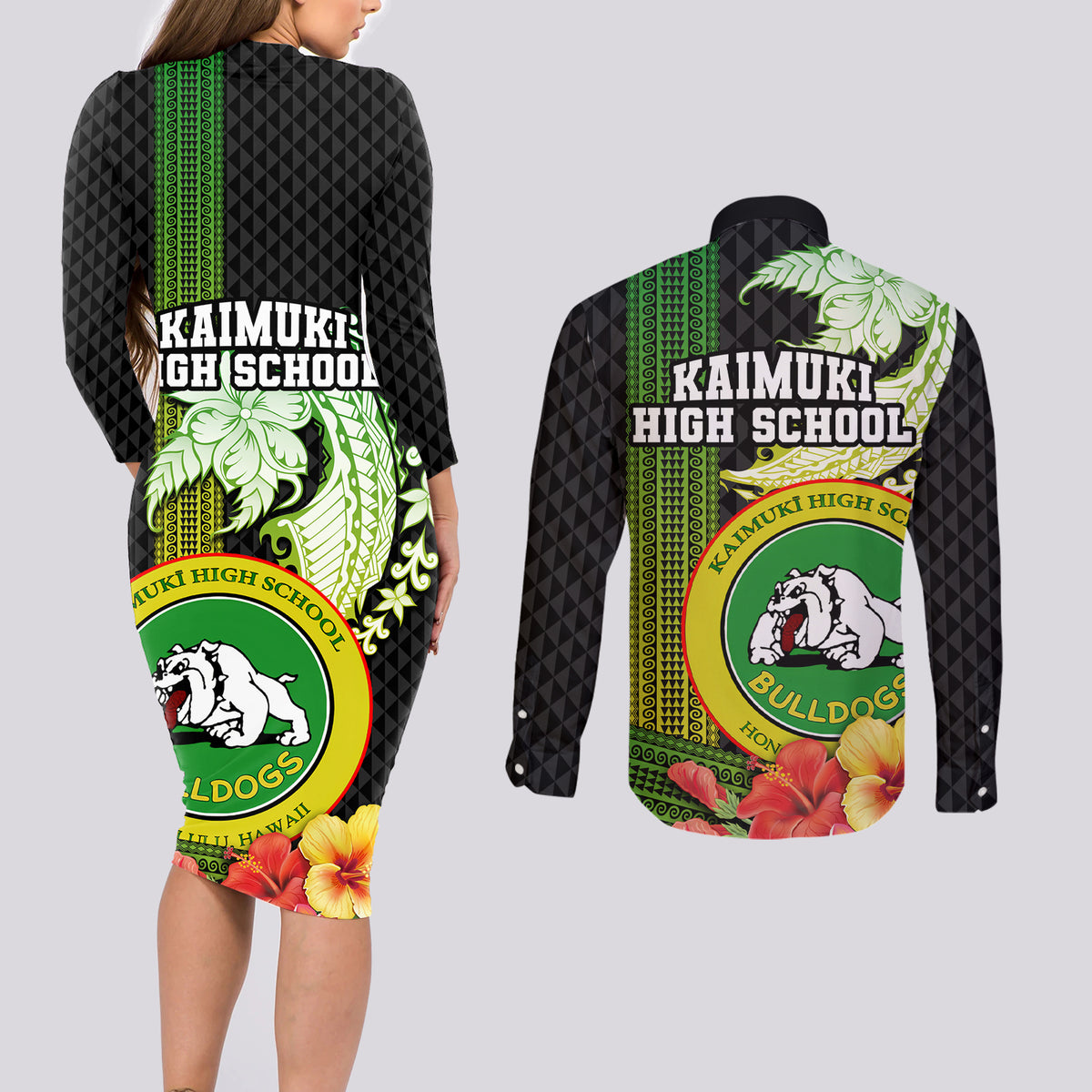 Hawaii Kaimuki High School Couples Matching Long Sleeve Bodycon Dress and Long Sleeve Button Shirt Tribal Kakau Pattern Mix Hibiscus Flower LT03 - Polynesian Pride